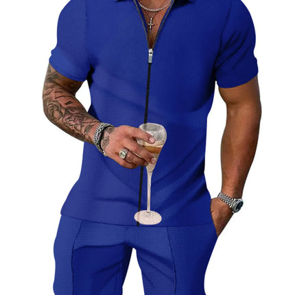 Men's plus size blue zip up short sleeve top and matching shorts set with pockets