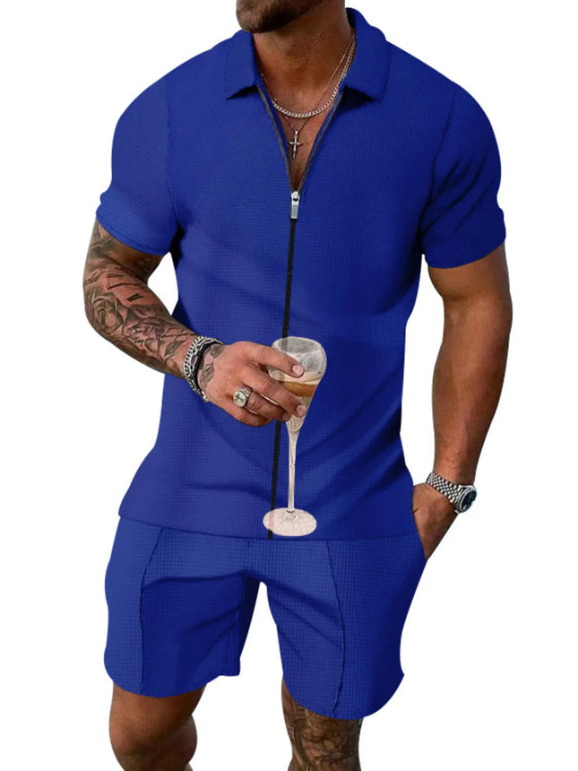 Men's plus size blue zip up short sleeve top and matching shorts set with pockets