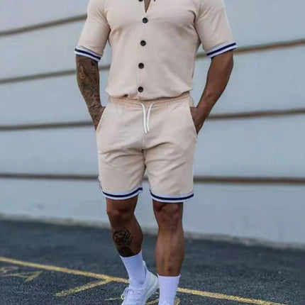 Men's full size beige button-up top and shorts set with striped hem and drawstring waistband