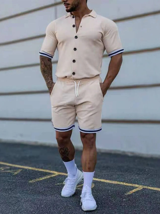 Men's full size beige button-up top and shorts set with striped hem and drawstring waistband