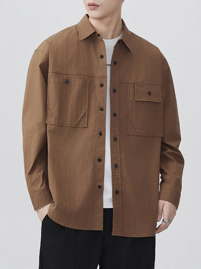 Men's plus size button up long sleeve brown shirt with chest pockets and black buttons