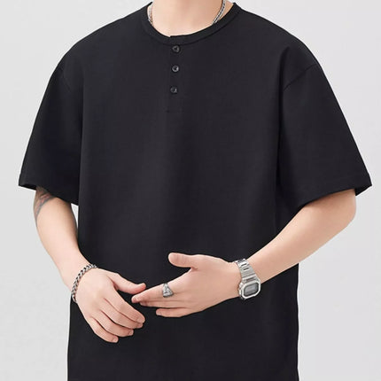 Men's plus size black button detail short sleeve oversized t-shirt with slight stretch, made of cotton and polyester blend